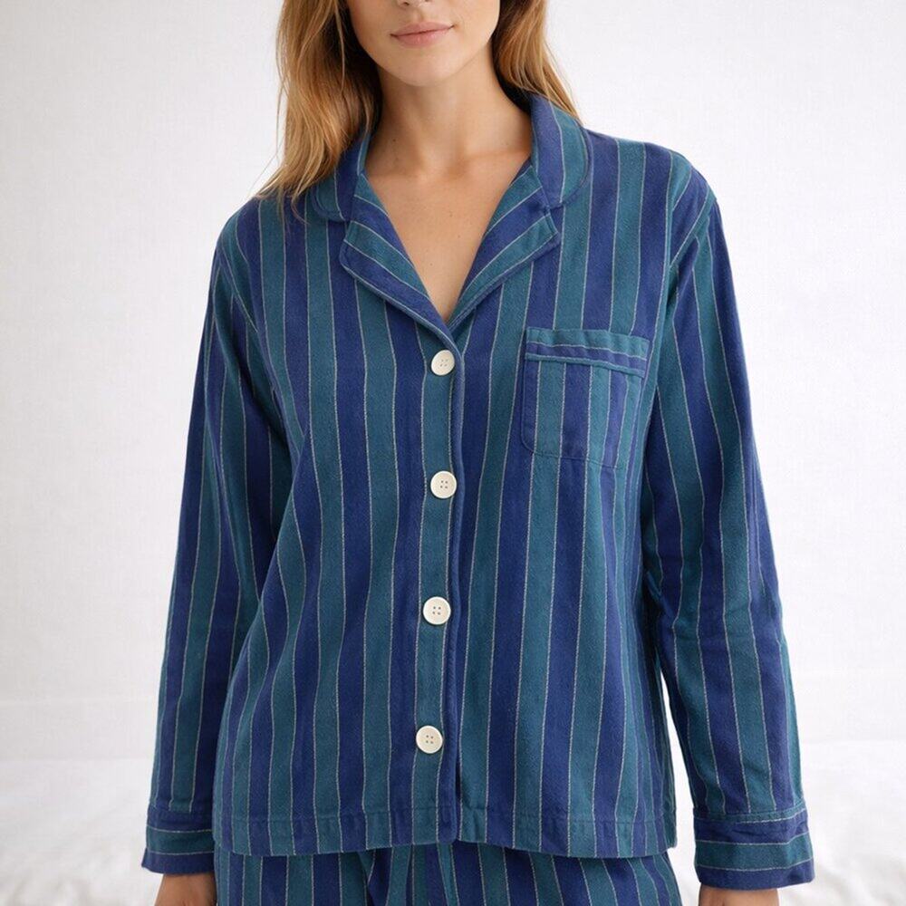 Sleepy Jones Marina Pajama Top Blue Teal Stripe Cotton Flannel Size S